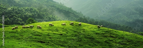 flock of sheep on green pasture photo