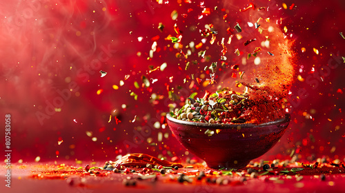 A mix of red spices burst coming in a bowl of red background