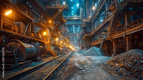 Ore Processing Plant: Interior shot of an ore processing plant where the ore is crushed and sorted, focusing on machinery and worker oversight. © G.Go