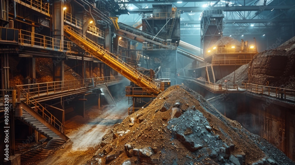 Ore Processing Plant: Interior shot of an ore processing plant where the ore is crushed and sorted, focusing on machinery and worker oversight.
