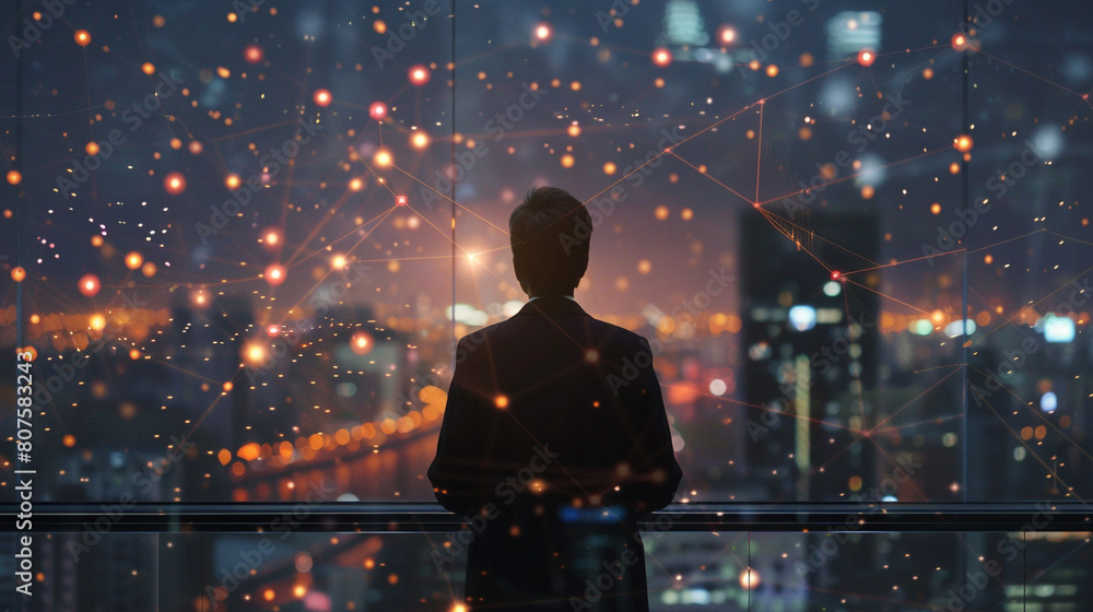 back view business man looking cityscape with network concept back view business man looking cityscape with network concept