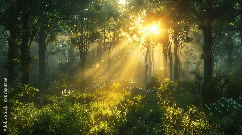 trees of a lush forest, casting a golden glow across the verdant canopy and illuminating the forest floor trees of a lush forest, casting a golden glow across the verdant canopy and illuminating the forest floor