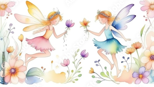Seamless children's pattern with fairies and flowers,. pattern with cartoon fairy or elves for children, girls. Drawing for wallpaper, children's linen, poster, notebook cover