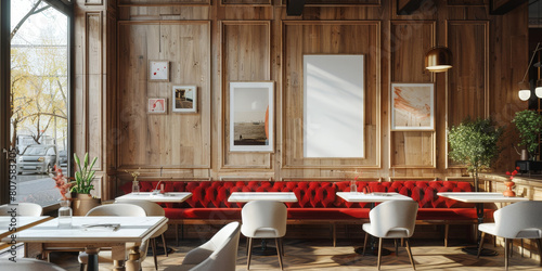 Modern cafe interior with wooden paneling on the walls with sofa, two blank poster frames 
