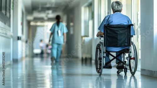 A nurse walking alongside a patient in a wheelchair, providing support and companionship. 