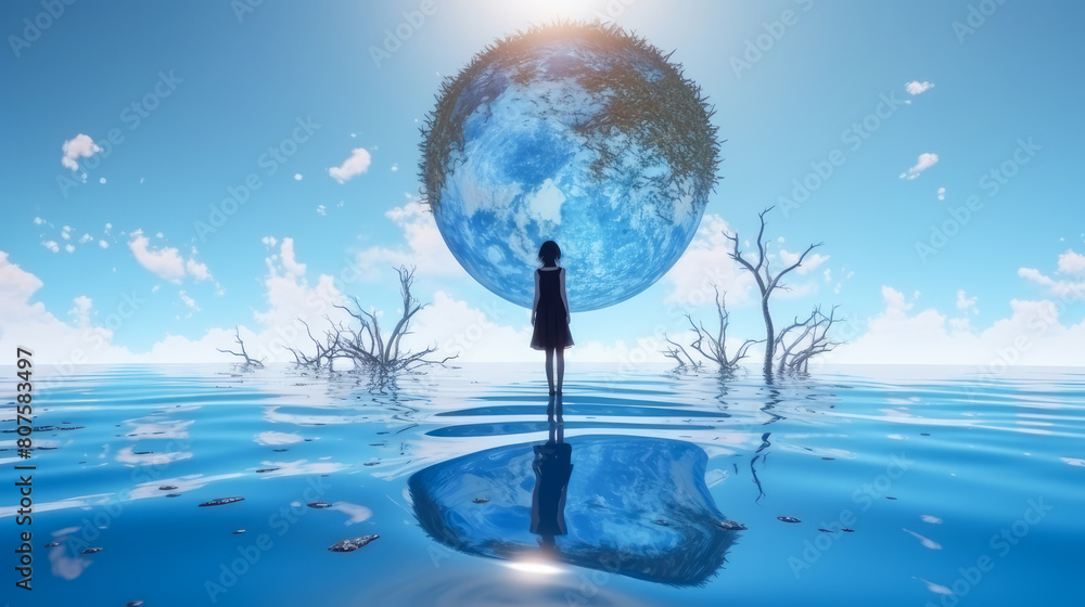 A girl, a woman stands in the blue water of the earth near the round planet earth, hope for salvation, new life. A girl, a woman stands in the blue water of the earth near the round planet earth, hope for salvation, new life.