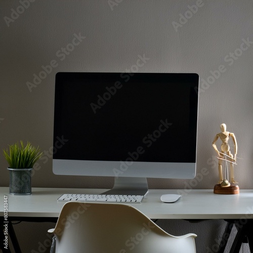 Workspace desk with pc and blank screen desktop computer in minimal office room with decorations and copy space. Mock up for advertisement,text,logo and other
