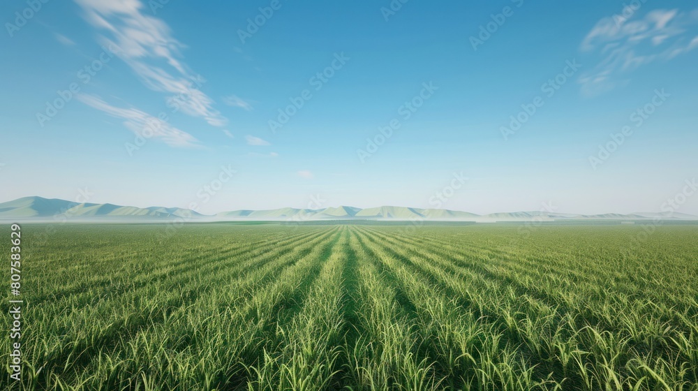 vast expanse of cornfields stretching towards the horizon, irrigated by a modern sprinkler system under a clear blue sky. vast expanse of cornfields stretching towards the horizon, irrigated by a modern sprinkler system under a clear blue sky.