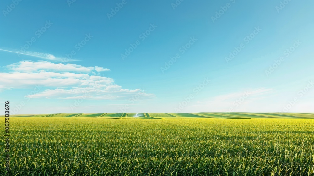 Fototapeta premium vast expanse of cornfields stretching towards the horizon, irrigated by a modern sprinkler system under a clear blue sky. 