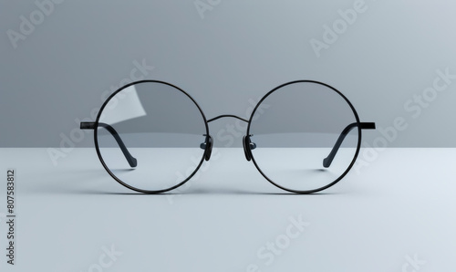 3D rendered creatively designed glasses, ad mockup isolated on a white and gray background.