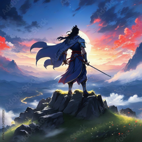 AI Generative image of anime warrior standing on a cliff overlooking a vibrant sunset, sword in hand and cape flowing