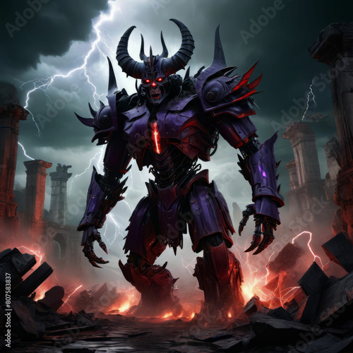 AI Generative image of massive armored creature amidst apocalyptic destruction under a stormy sky with lightning