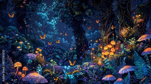  a magical forest with blue light shining through the trees. There are many different types of plants and flowers in the forest  and there are butterflies and birds flying around.