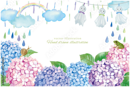 水彩手書きの梅雨の雨と紫陽花のシンプルなフレームのイラスト素材