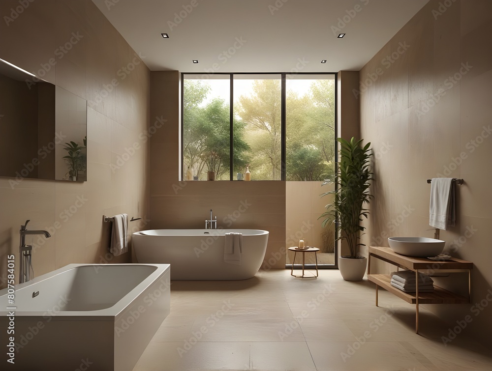 Beige bathroom interior with tub