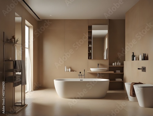 Beige bathroom interior with tub