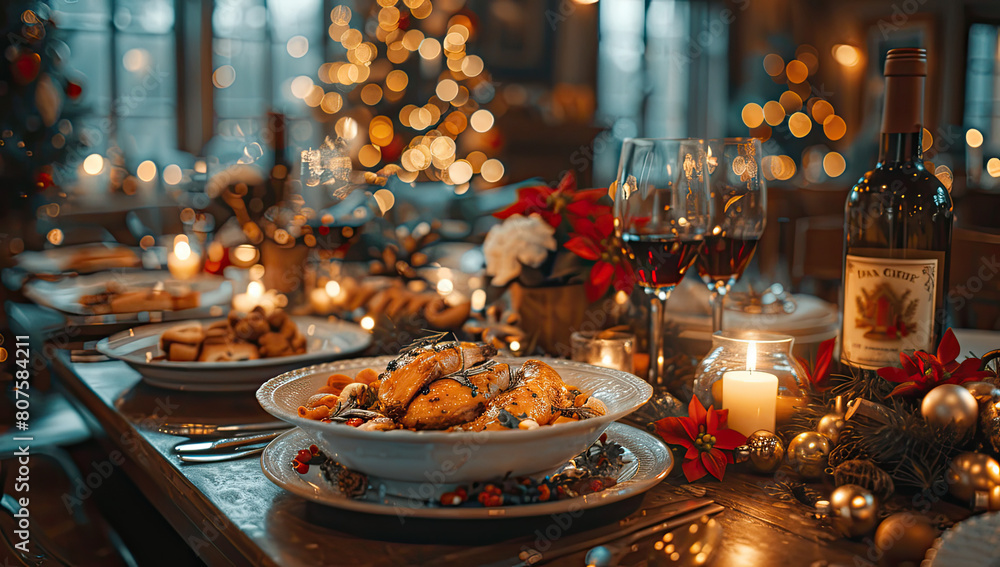 Christmas dinner with family, beautifully decorated table in front of the window. Created with Ai