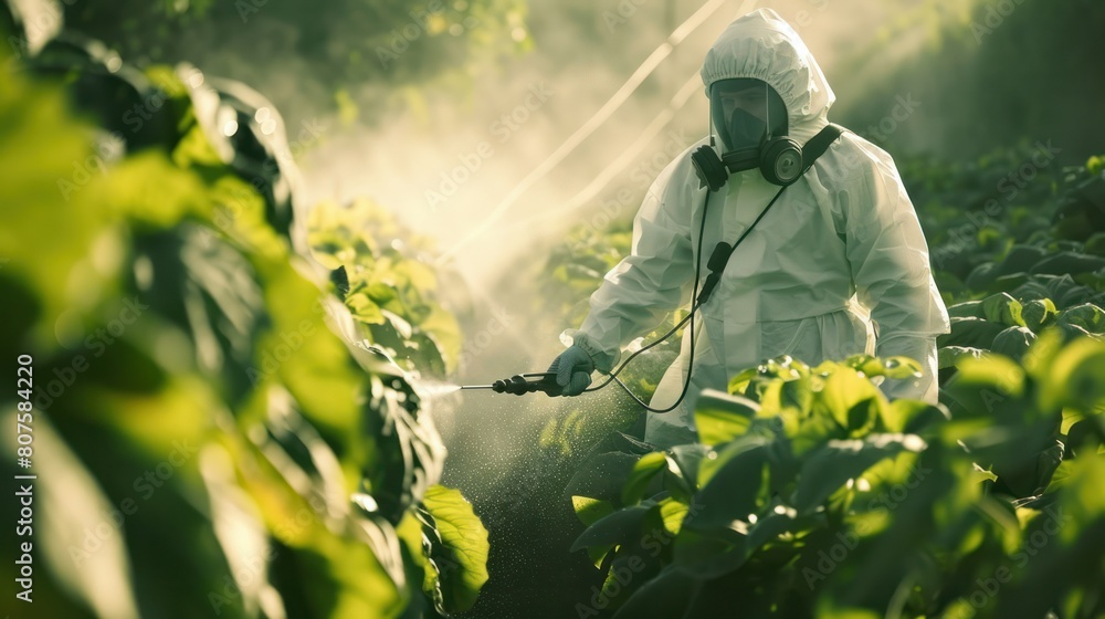 young man wearing a protective suit, spraying pesticides in a large vegetable farm, with water droplets creating a mesmerizing pattern on the lush green foliage, young man wearing a protective suit, spraying pesticides in a large vegetable farm, with water droplets creating a mesmerizing pattern on the lush green foliage,
