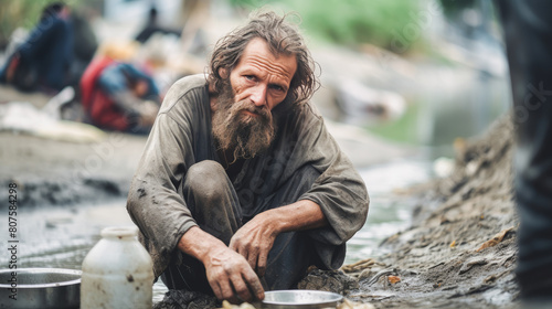 A poor, beggar, hungry, dirty man in old clothes and rags, begs for alms.