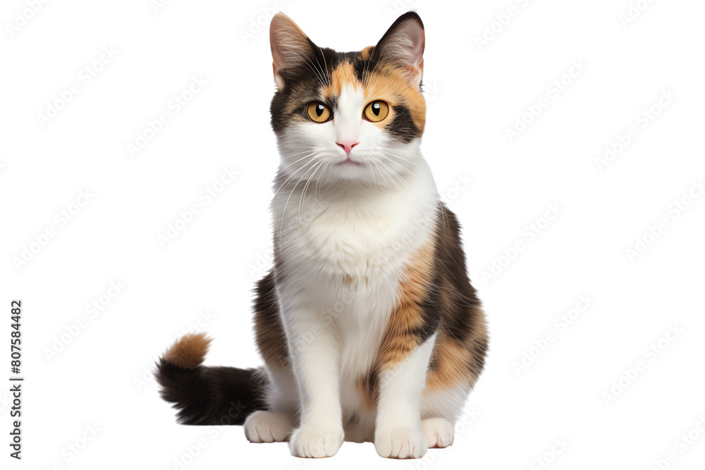 A calico cat is sitting on a white background. The cat has a white belly, a brown head, and a black tail. The cat is looking at the camera with its yellow eyes.