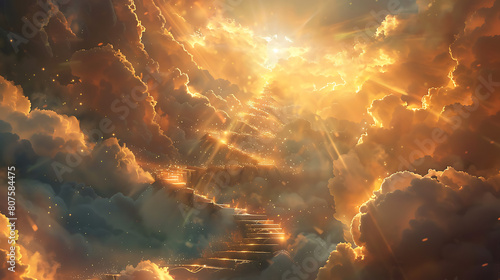 Golden stairways to clouds of sunlight. Stairway to Heaven concept photo