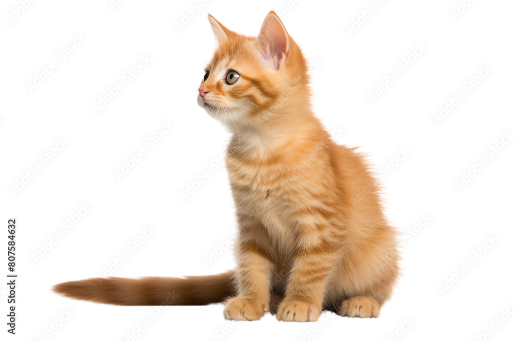 Cute orange kitten sitting on a white background, looking off to the side with wide eyes.