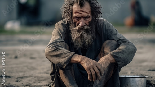 Poor, beggar, hungry dirty old elderly man begging for alms.