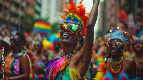 Pride Parade, A real photo capturing the vibrant colors and joyful spirit of LGBTQ pride parades, emphasizing the diversity and energy of the community. photo