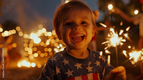 Amidst a backdrop of joy and excitement, a happy child fully embraces the essence of the 4th of July, Independence Day, or Memorial Day, clutching a sparkler in hand © Tahsin