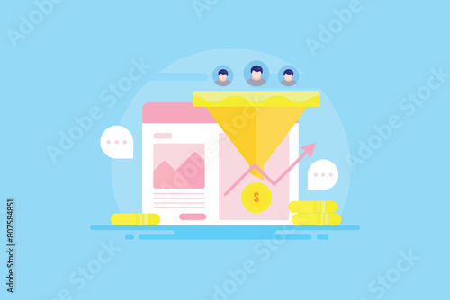 Digital funnel customer conversion business revenue generation with engaging web content marketing strategy, vector illustration concept.