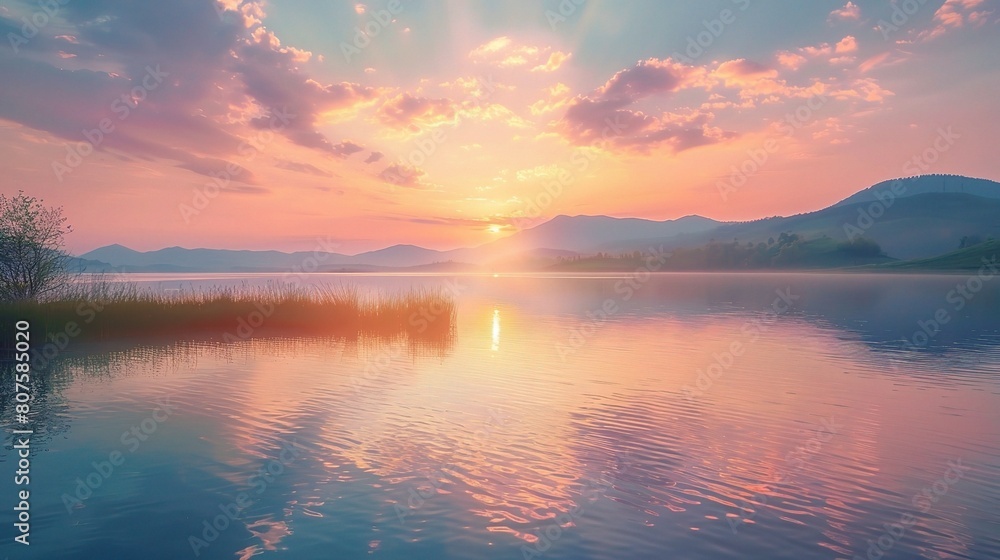 golden rays of the morning sun illuminating the tranquil waters of a calm lake