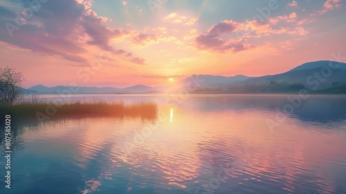 golden rays of the morning sun illuminating the tranquil waters of a calm lake © CLOVER BACKGROUND