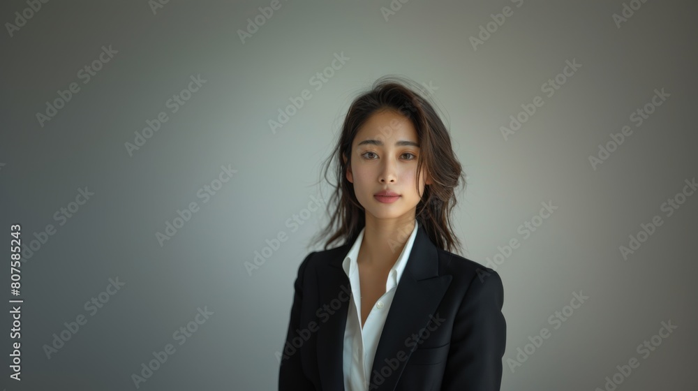 Asian woman in professional attire against a simple white background, capturing her natural beauty and confidence. Asian woman in professional attire against a simple white background, capturing her natural beauty and confidence.
