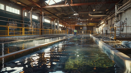 Depict a scene inside a wastewater treatment plant showing the removal of large debris from water using skimming devices and sedimentation tanks. photo