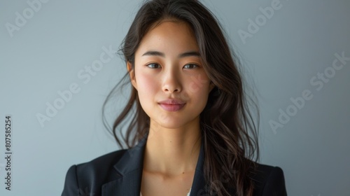 Asian woman in professional attire against a simple white background, capturing her natural beauty and confidence.