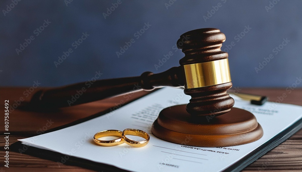 Divorce by law. Two golden rings,contract and Judge hammer. Husband and wife getting a divorce concept. Division of property after a divorce. hammer of a judge. Copy space