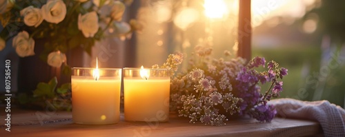 Tranquil Home Atmosphere with Lit Candles and Flowers during Sunset