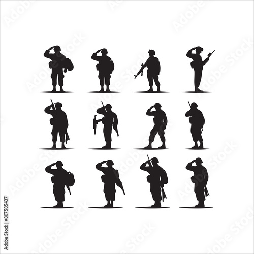 Veterans Army Saluting Vector Silhouettes Bundle, Soldier silhouettes collection for Veterans Day