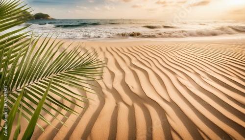 Coastal Tranquility  Sandy Beach with Palm Leaves