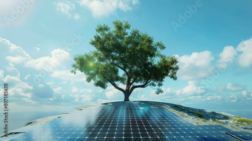Solar cell panel in green tree, Sustainable energy, environmental friendly, renewable energy concept.