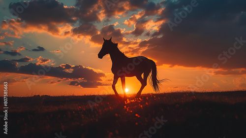 Solitary horse silhouette against sunset