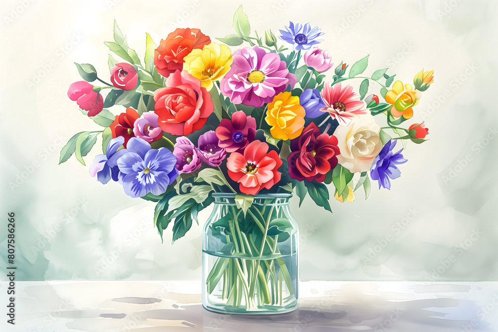 A variety of vibrant flowers are arranged elegantly within a clear glass jar