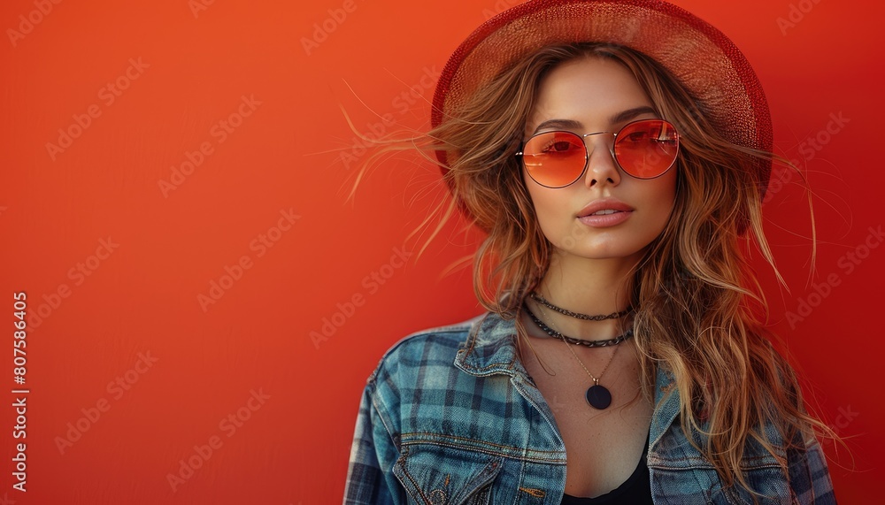 Fototapeta premium Fashionable Young Woman in Sunglasses and Hat Against Orange Background