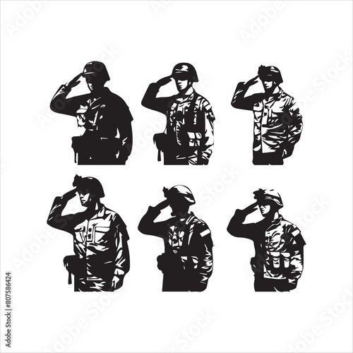 Veterans Army Saluting Vector Silhouettes Bundle, Soldier silhouettes collection for Veterans Day