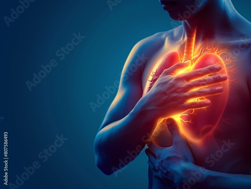 a person holding his chest with a glowing heart photo