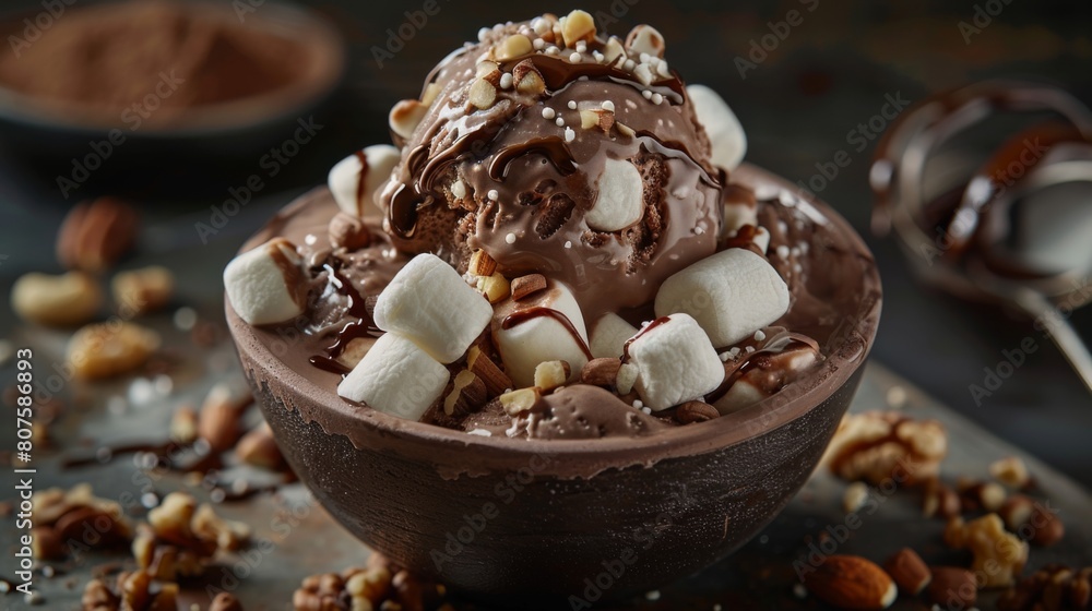 Rocky road ice cream melting, with marshmallows and nuts, against a dark chocolatey background lightened to fit the minimalist style