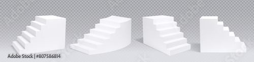 3d white stair podium. Display stage or staircase platform for product. Geometric realistic isolated pedestal render front view on transparent background. Minimal mockup for studio room with ladder.