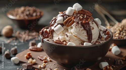 Rocky road ice cream melting, with marshmallows and nuts, against a dark chocolatey background lightened to fit the minimalist style