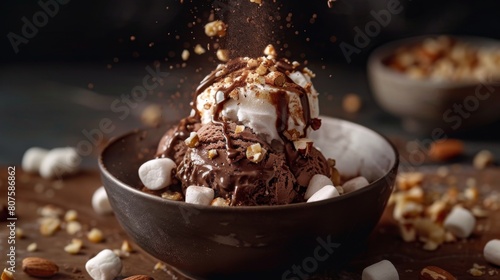 Rocky road ice cream melting, with marshmallows and nuts, against a dark chocolatey background lightened to fit the minimalist style photo