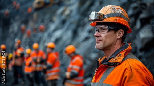 Safety Measures, Mining personnel in safety gear during a safety briefing or training session, emphasizing the importance of worker safety.